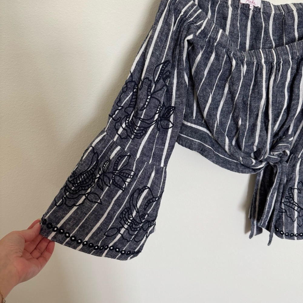 Parker Navy and White Off the Shoulder Striped Top - Picture 3 of 7